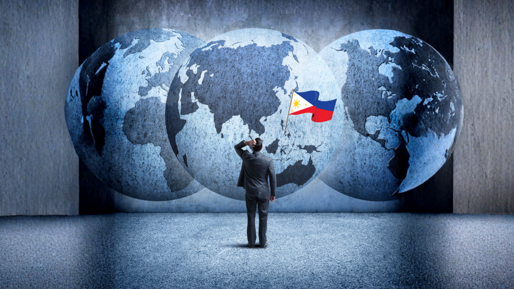 An image showcasing a map of world and a flag of Philippines with a person standing wondering